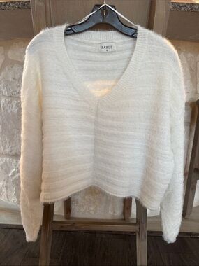 Fable Cream V-Neck Fuzzy Pullover Sweater